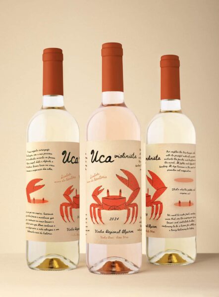 Wine label with an illustration of a red crab surrounded by narrative-style text, an example of the Narrative Pop packaging trend 2026