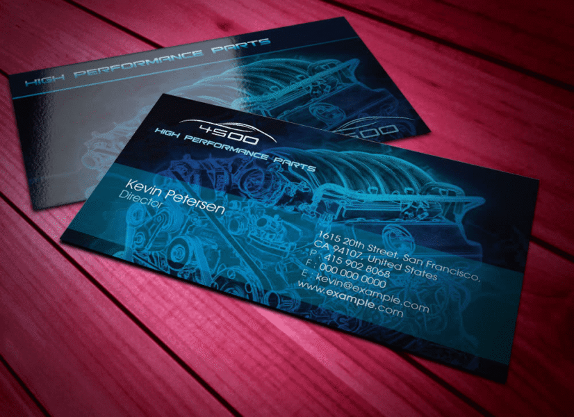Light blue fine line drawing of engine on a business card&mdash;an example of the Blueprint Business Card trend
