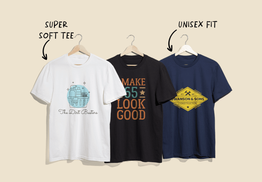 Three custom printed T-shirts on hangers with unique graphics and typography, illustrating how to print T-shirts in different styles.