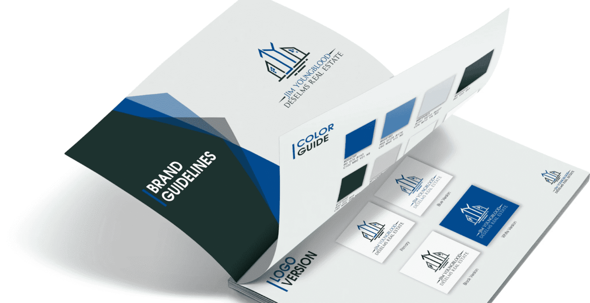 Open brand guidelines booklet showing color palette, logo versions and visual identity elements for a real estate brand
