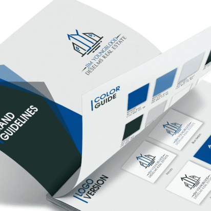 Open brand guidelines booklet showing color palette, logo versions and visual identity elements for a real estate brand
