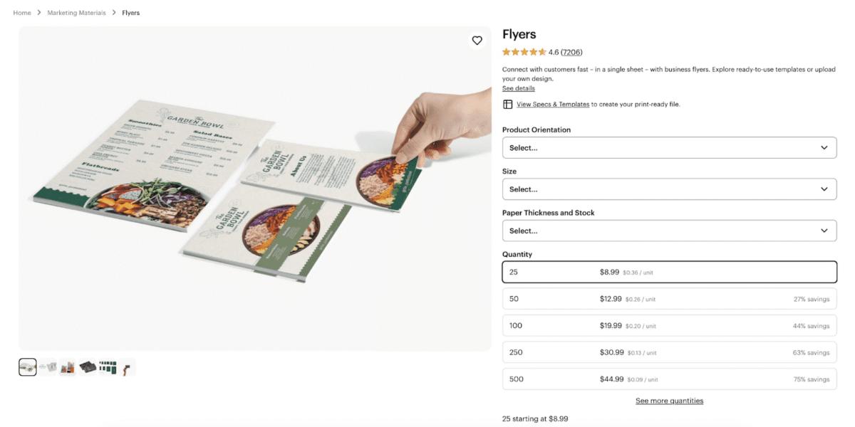 A screenshot of the flyers product page on the VistaPrint website, with product orientation, size and paperstock options