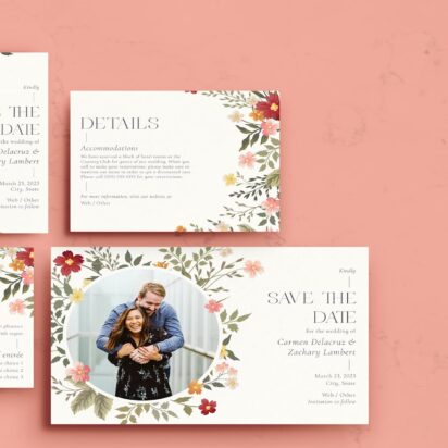 Floral wedding invitation suite featuring save-the-date, RSVP, details card, and a photo card on a blush background.