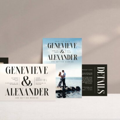 Modern black-and-white wedding invitation suite for Genevieve and Alexander, including save-the-date, RSVP, details, thank you, and main invitation cards.
