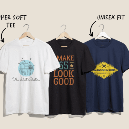T-shirt printing example with custom printed t-shirts in different styles and fabrics for branding and merchandising
