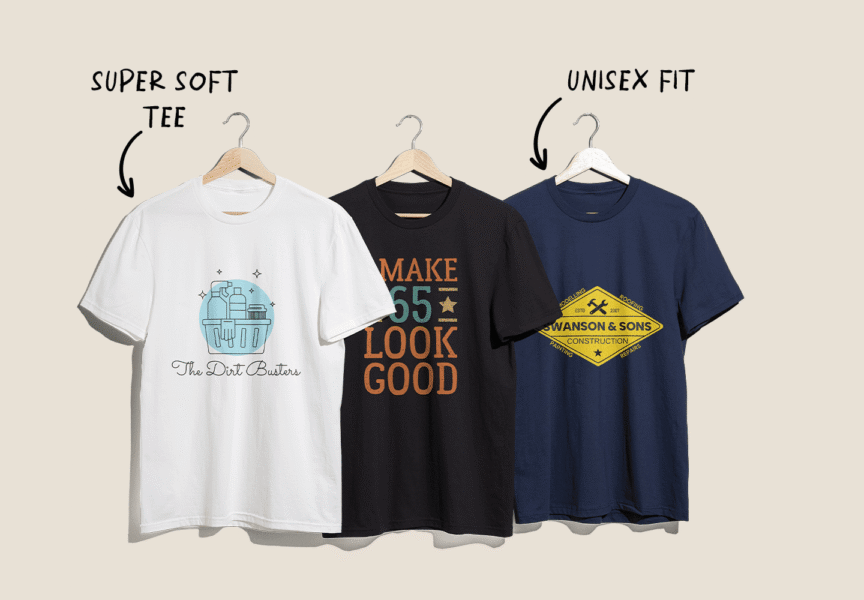 T-shirt printing example with custom printed t-shirts in different styles and fabrics for branding and merchandising