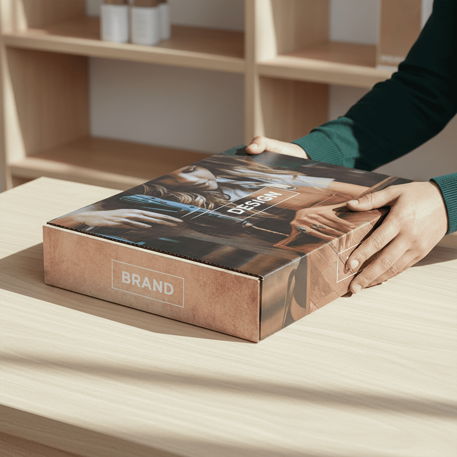 Person holding closed mailer box with photo print on top and front panel with brand design type areas on top front and side panels