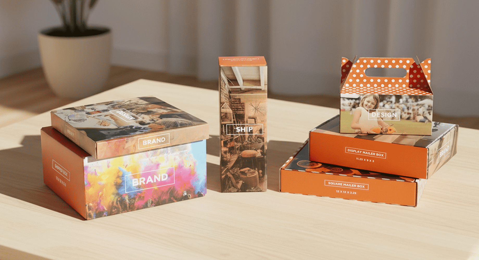 Selection of several custom mailer boxes with design elements on all exterior panels and size measurements