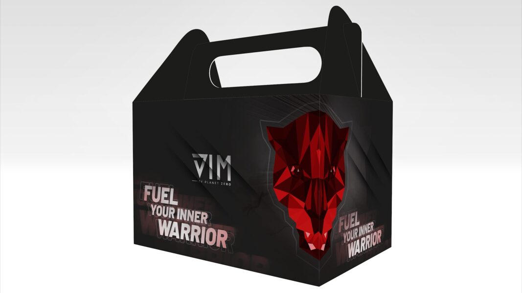 Black takeaway carry box with handle featuring bold red geometric graphic and printed branding.