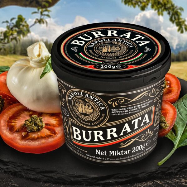 Black plastic tub of burrata cheese with detailed label placed next to fresh tomatoes and basil.