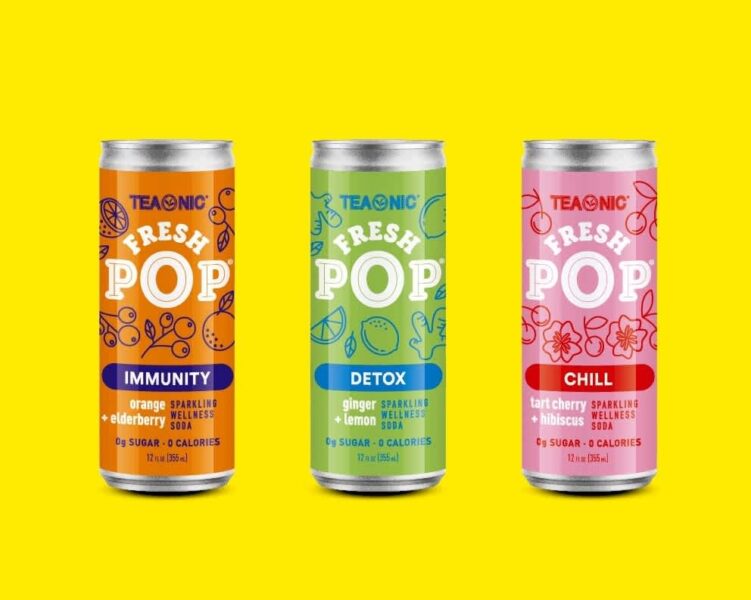 Three colorful aluminum cans of sparkling wellness soda with bright fruit-themed labels on a yellow background.