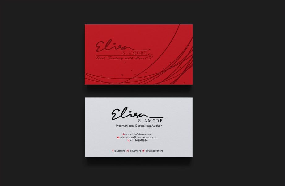 Red and white business card with scrawling design