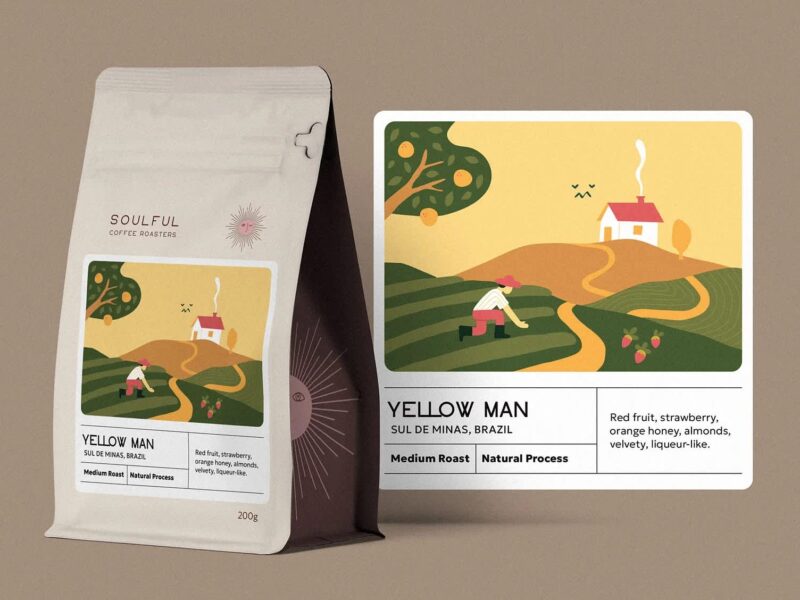 Custom lineart-style artwork of a rural landscape with a farm worker in the foreground on coffee packaging, an example of the Artist Showcase packaging trend 2026