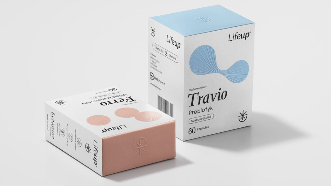 Prebiotic supplements packaging design with colorful, tactile accents in baby blue and salmon pink pressed onto the box&mdash;an example of the Imprinted packaging trend 2026