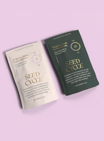 Seed Cycle pouches with bold, type-driven design that mixes serif and sans serif fonts, minimal graphics and storytelling text blocks&mdash;an example of the Narrative Pop packaging trend 2026