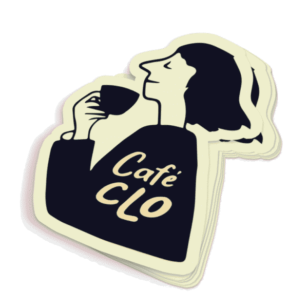 A branded sticker for a coffee shop with an illustration of a woman, branding design examples