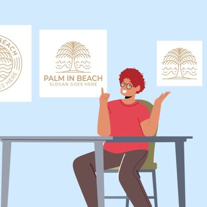 person sitting at a desk with four logo variations