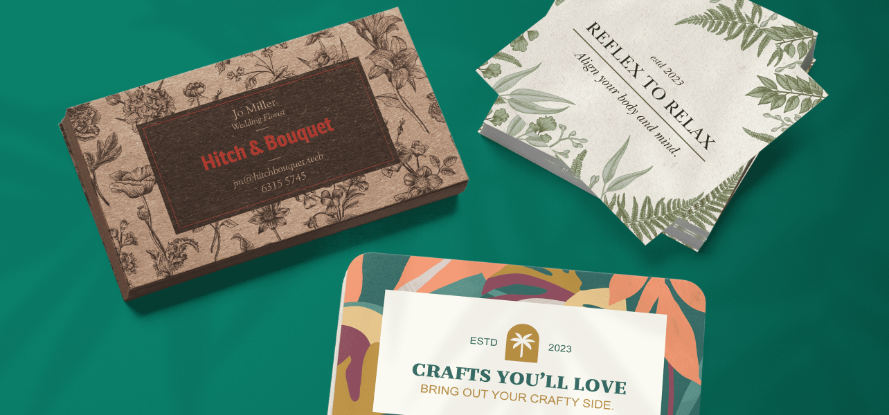 Cartes de visite mettant en avant des entreprises de fleuriste, de bien-être et d'artisanat, avec différents types de papier.