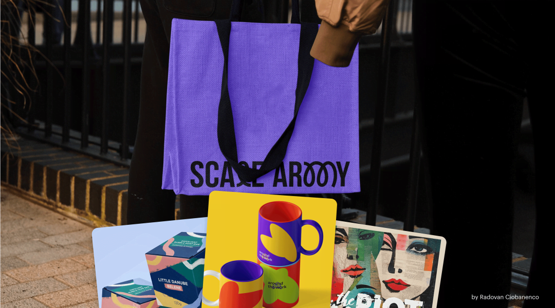 Sac shopping violet avec logo en arrière-plan et collage des grandes tendances graphiques sur le merchandising et le packaging pour les marques.