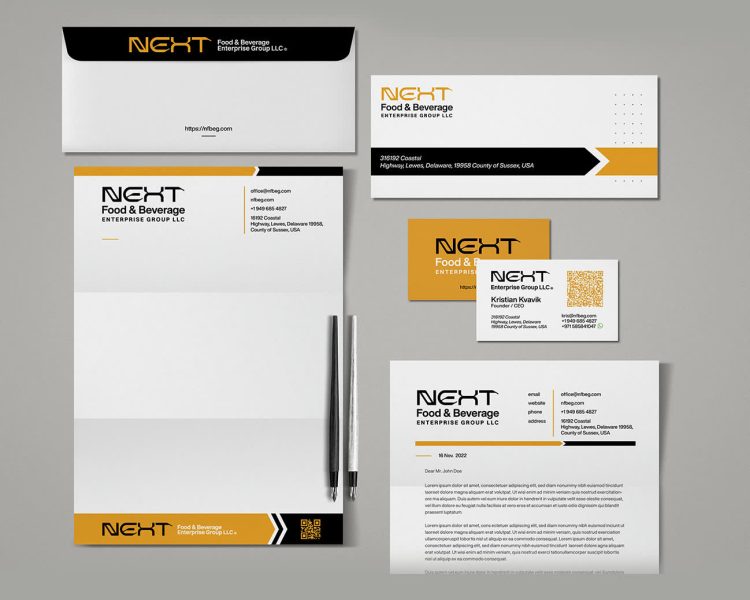Orange, white and black business card with orange QR code