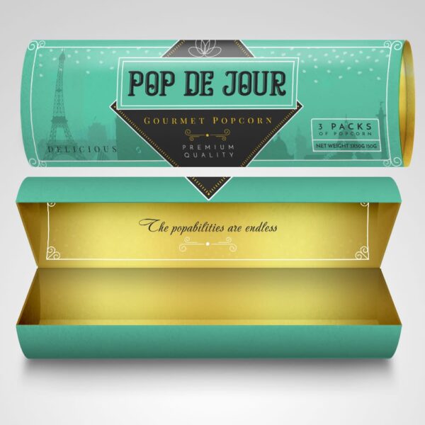Emballage de popcorn gourmet en forme de tube &mdash; un exemple de la tendance d&rsquo;emballage Effet de surprise de 2026.