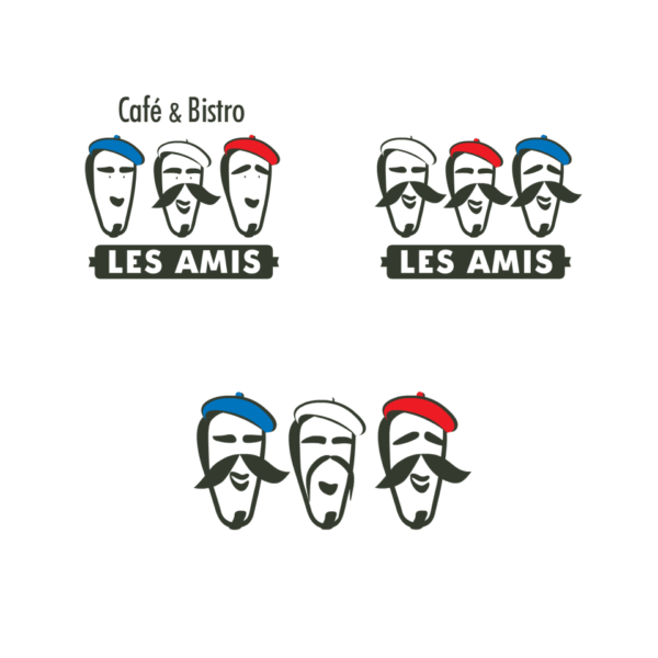 Des animations de logo pour un caf&eacute; fran&ccedil;ais mettant en sc&egrave;ne des illustrations de trois hommes portant des b&eacute;rets rouges, blancs et bleus.
