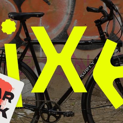 An example of logo design trends 2025: modern bicycle brand logo design resembling tools and levers, with a parked bicycle in the background and contrasting neon overlay